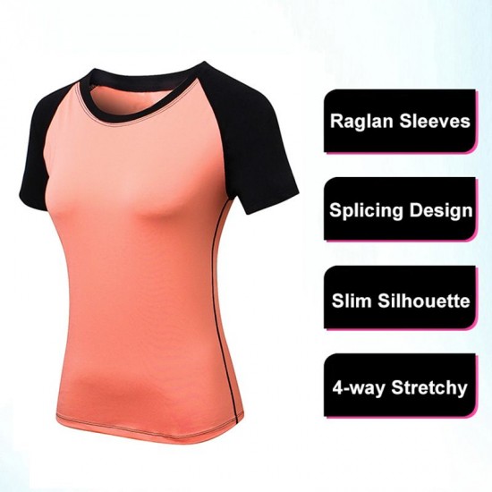 Women Workout T-shirt Raglan Short Sleeves Splicing O Neck Quick Dry Running Performance Exercise Gym Baselayer Sport Shirts Casual Tops