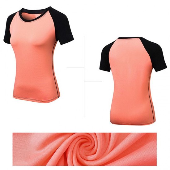 Women Workout T-shirt Raglan Short Sleeves Splicing O Neck Quick Dry Running Performance Exercise Gym Baselayer Sport Shirts Casual Tops