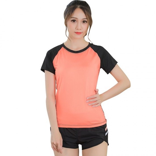 Women Workout T-shirt Raglan Short Sleeves Splicing O Neck Quick Dry Running Performance Exercise Gym Baselayer Sport Shirts Casual Tops