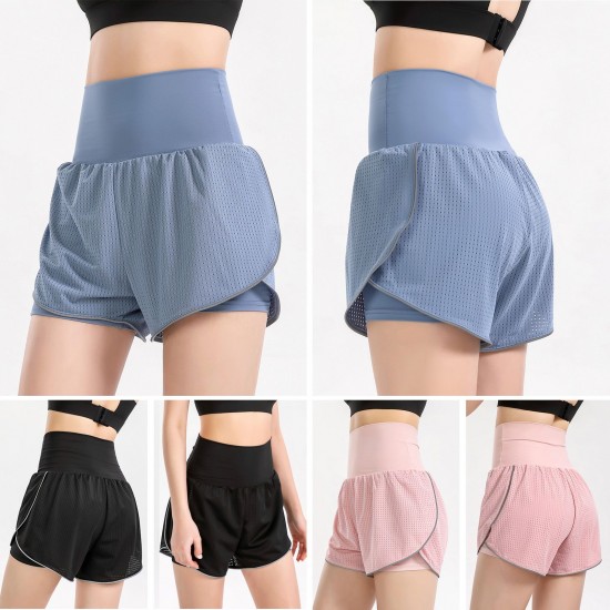 Women 2-in-1 Yoga Shorts High Waist Wide Waistband Breathable Fabric Running Dancing Fitness Sports Shorts